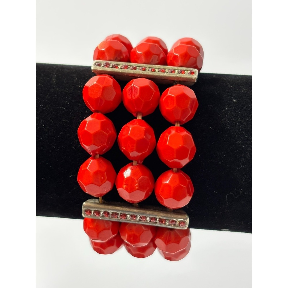 Bracelet Three Strand Red and Gold Tone‎ Stretchy